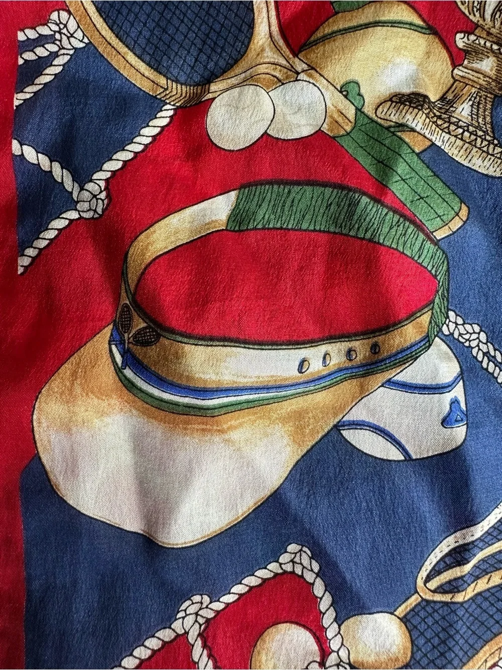 Vintage Liz Claiborne Tennis Equestrian Silk Feel Scarf Red Blue Chain Print